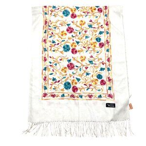Al-MHD Co Women's Pashmina Scarf White Cashmere Wool Floral Embroidered Fringe